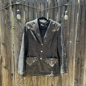 Escada Embroidered Dark Blue Grey Denim Button Down Embroidered Blazer Jacket 36